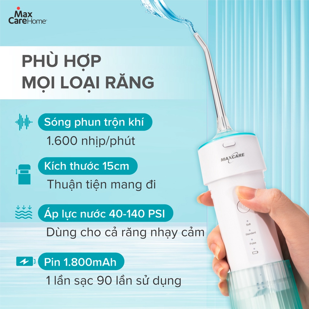 Máy tăm nước cầm tay Maxcare UltraSonic Max456P Sóng phun 1400-1800/phút, Dạng gập, Chống nước IPX7, Pin 90 ngày, BH 12T