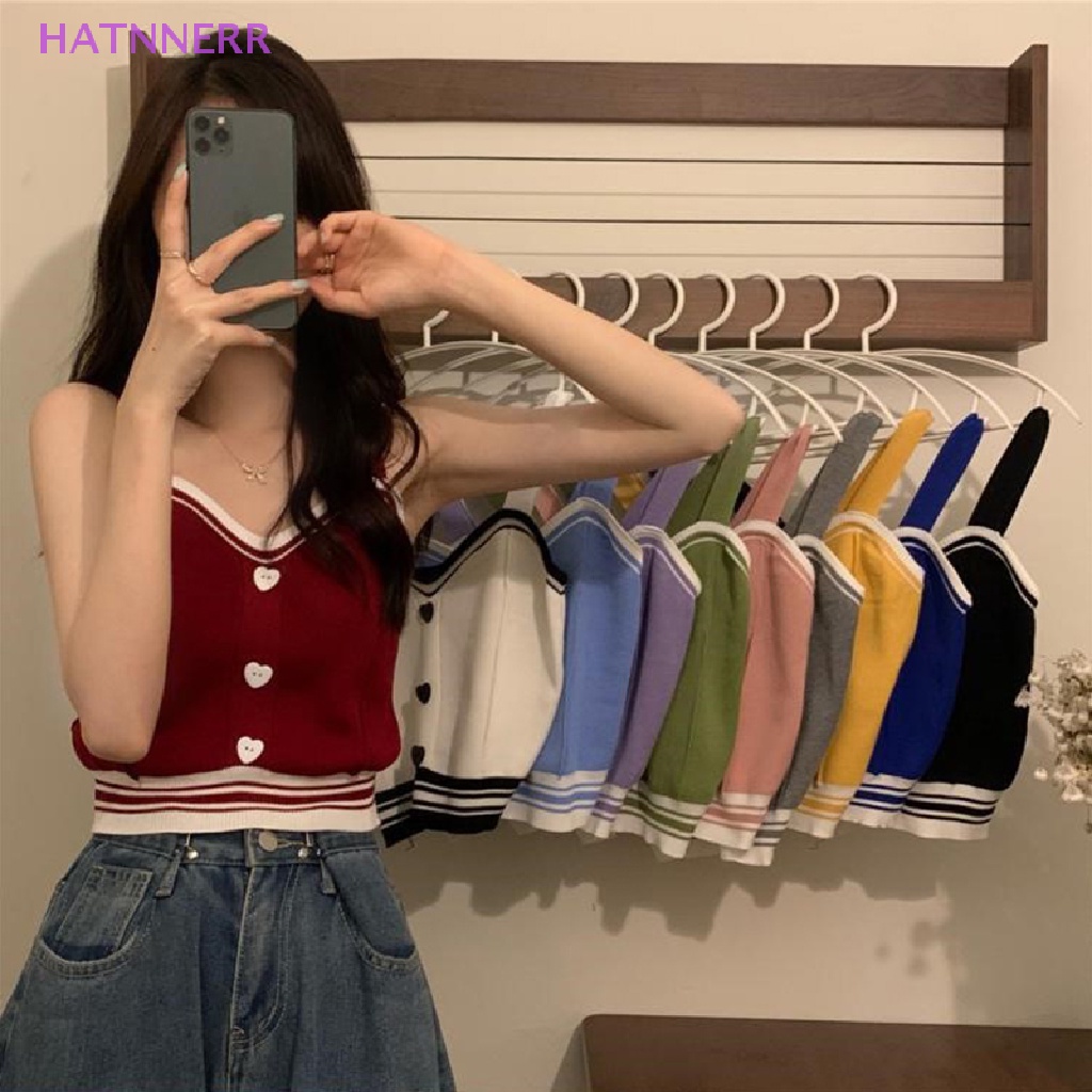 Áo Croptop Dệt Kim Sát Nách Cổ Chữ V Phối Nút Hình Trái Tim Thời Trang Mùa Hè Cho Nữ FHS