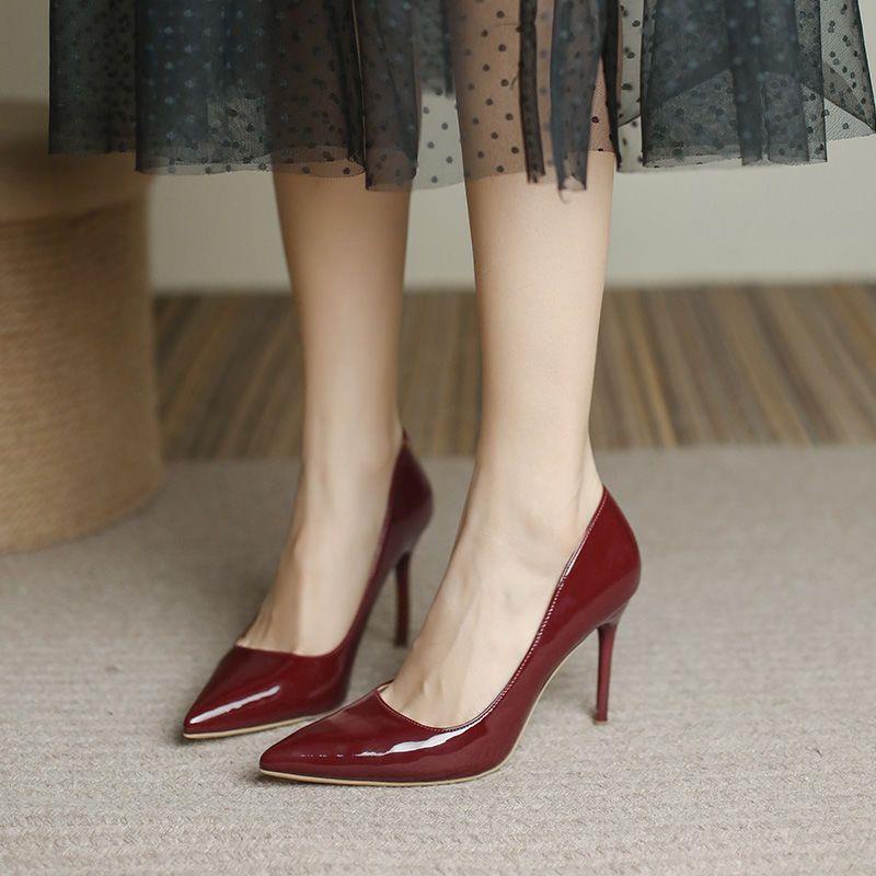 Giày Cao Gót Da Mũi Nhọn Màu Đỏ Rượu Vang Phong Cách Pháp Cho Nữ