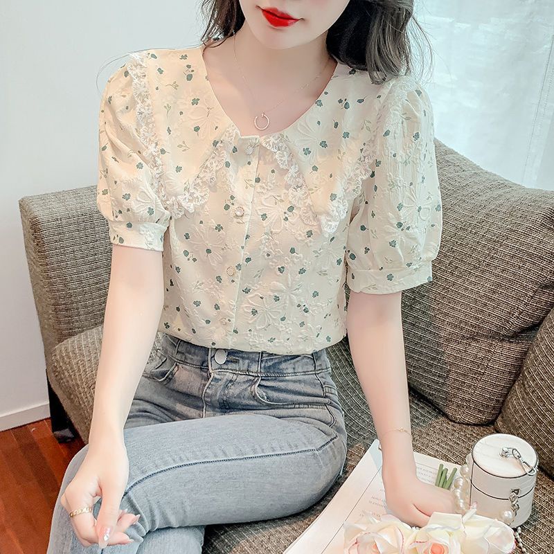 IELGY  Áo Kiểu Tay Phồng Ngắn In Hoa Thời Trang Cho Nữ