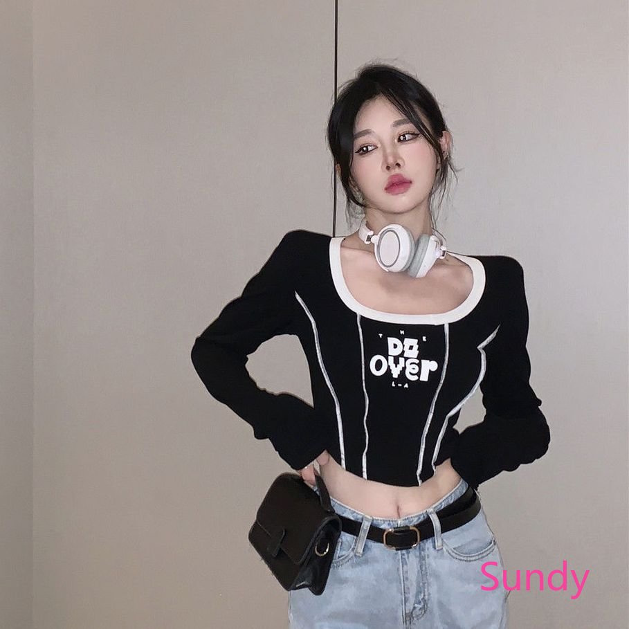 Áo Croptop Tay Dài Cổ Tròn In Chữ Phong Cách Phương Tây Thời Trang Mùa Xuân Cho Nữ
