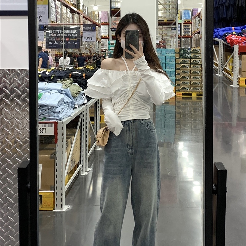 Áo sơ mi SUXI tay dài phồng trễ vai dáng ôm thời trang mùa xuân xinh xắn cho nữ