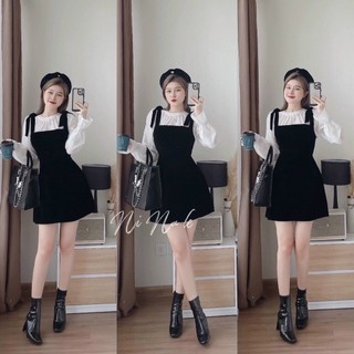 Đầm nhung 2 dây nơ vai phối áo tay voan dài tay tiêu thư phù hợp với mọi phong cách thời trang hè