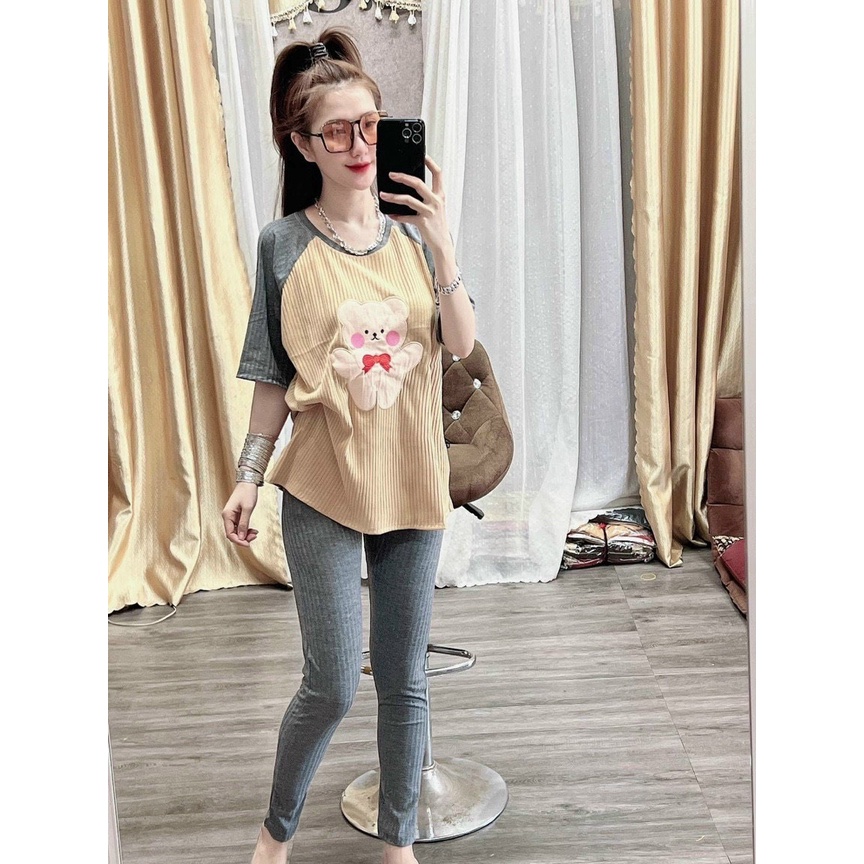 Set Bộ Thun Len Tăm , Áo Tay Lửng Forrm Rộng In Gấu Kèm Quần Legging Dài , Set Co Dãn Mặc Thỏa Mái