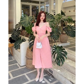 (Sẳn-ảnh thật) Đầm Midi Nút Bọc 0490