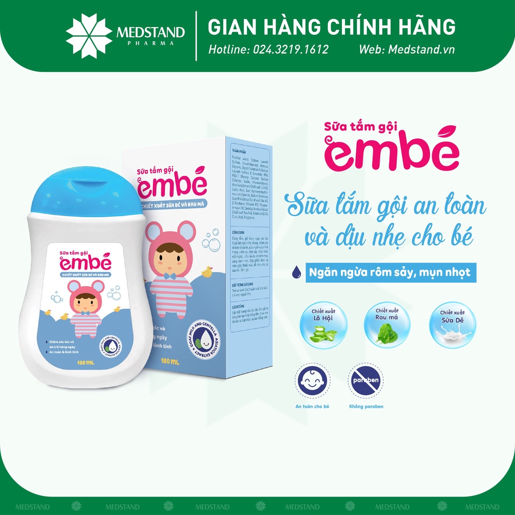 Sữa Tắm Gội Em Bé - Sữa tắm gội thảo dược làm sạch dịu nhẹ da bé, ngăn ngừa mẩn ngứa, rôm sảy MEDSTAND (Chai 180 ml)