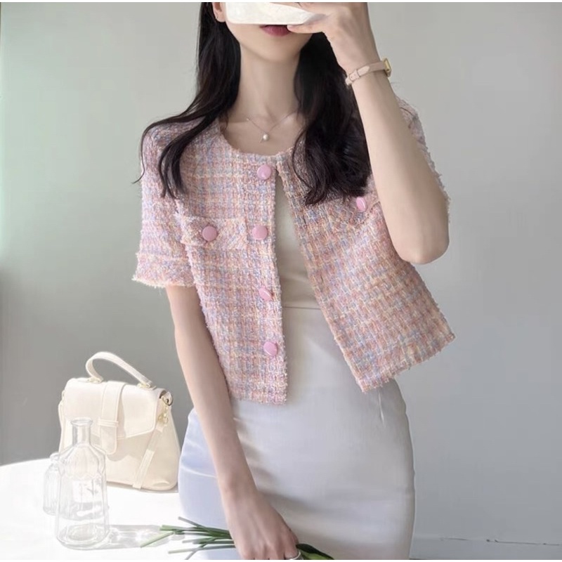 Áo Dạ Tweed Croptop Tay Ngắn Nữ Hai Màu Dày Dặn Cao Cấp - Order Quảng Châu Kèm Ảnh Thật