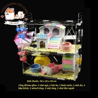 Lồng mica hamster cao cấp 30 x 20 x 30 cm (đủ đồ như hình)
