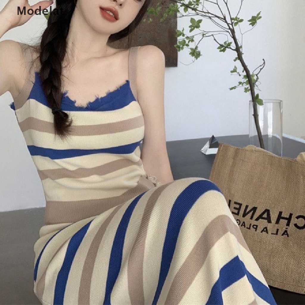 Mfc Đầm Dài Dệt Kim Không Tay Dáng Ôm Họa Tiết Kẻ Sọc Phong Cách Hàn Quốc Dành Cho Nữ