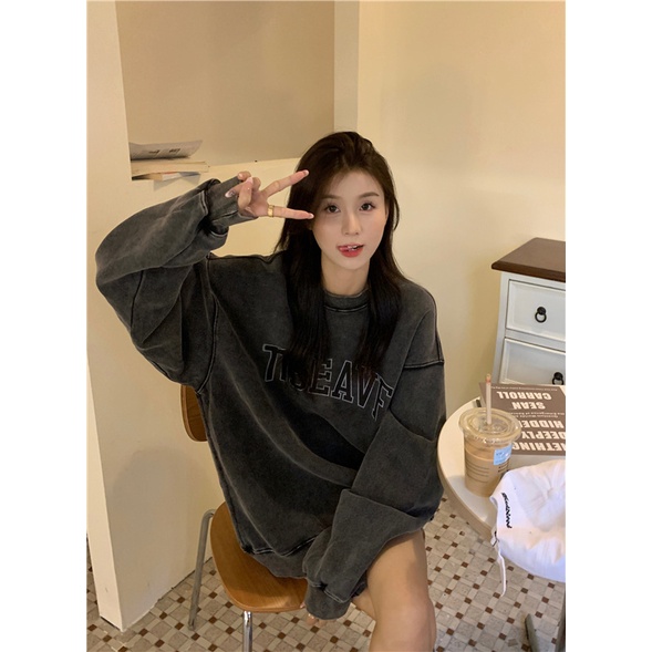 Áo Thun Nữ Dài Tay Cổ Tròn In Chữ Thời Trang Hàn Quốc