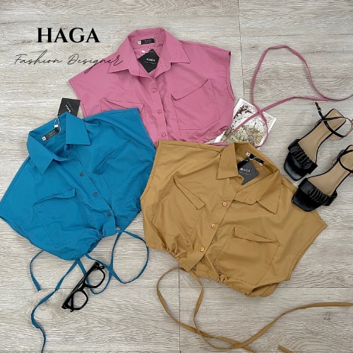 Áo sơ mi nữ cộc tay HAGA croptop dáng rộng rút eo phong cách Hàn Quốc SMCTBE74