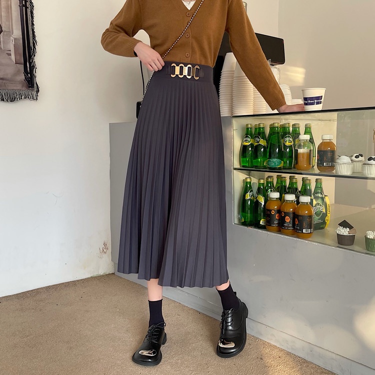 Chân Váy Chữ a Xếp Ly Lưng Cao Màu Trơn Phối Khóa Kim Loại Thời Trang Mùa Xuân Phong Cách Hàn Quốc Cho Nữ