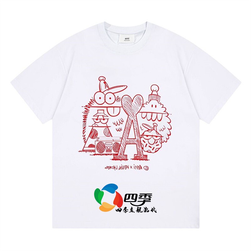 Ami co-branded Áo Thun Tay Ngắn Dáng Rộng In Hình Quái Vật Hoạt Hình graffiti Và Chữ Cái Tình Yêu Nhỏ Đơn Giản Cho Nam Và Nữ