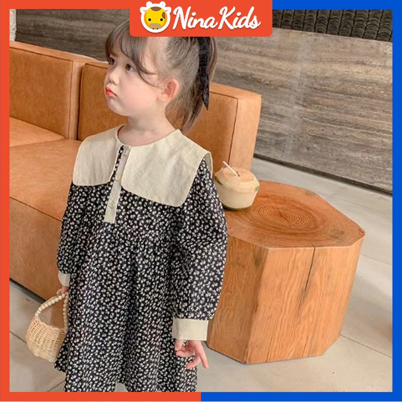 Đầm Công Chúa Tay Dài Cổ Bẻ In Họa Tiết Hoa Thời Trang Xuân Thu Phong Cách Hàn Quốc Cho Bé Gái 1-6 Tuổi