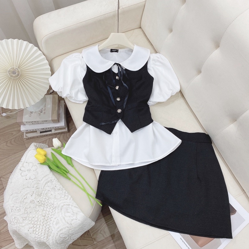 Set Váy 3 Món Gồm Áo Gile Mix Sơmi Trắng Kèm Chân Váy Dylei Có Ảnh Thật