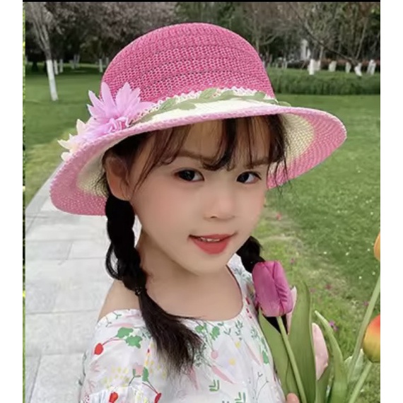 Mũ rộng vành chống nắng vong hoa tua rua siêu xinh cho bé(2-4 tuổi)
