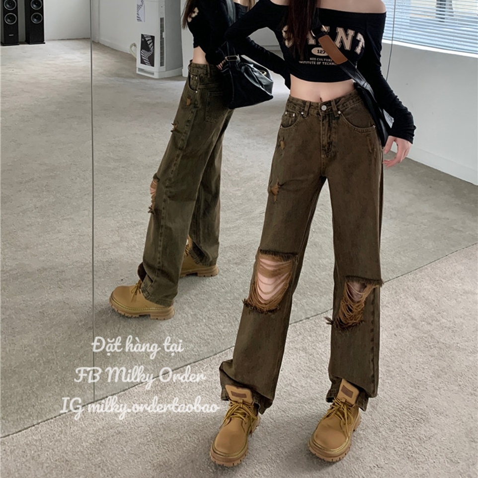 Milky Order Quần jeans dài ống suông rách gối nâu tây hot trend taobao Hàn Quốc street style ulzzang
