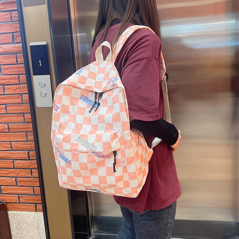 Menas Ba Lô canvas Đi Học Du Lịch Sức Chứa Lớn Họa Tiết Ca Rô Dễ Thương Hợp Thời Trang Phong Cách Harajuku Nhật Bản