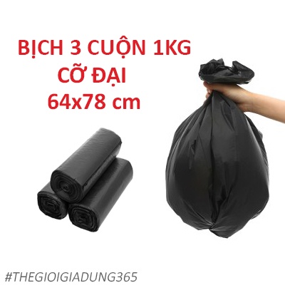 Túi Đựng Rác Size Đại 64x78cm BỊCH 3 CUỘN 1KG Tự Phân Hủy Sinh Học Màu Đen Tiện Lợi