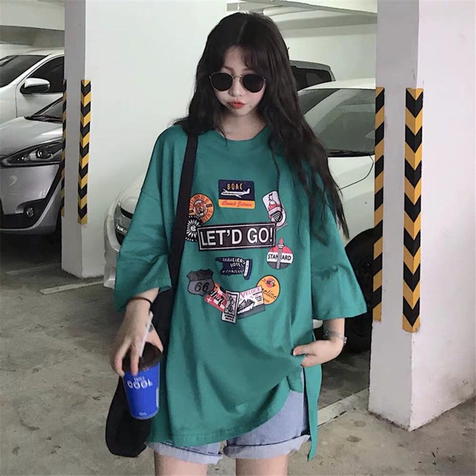 Áo thun nữ cổ tròn tay ngắn in hình in chữ LET'D GO xẻ tà áo ulzzang ( 3 màu )