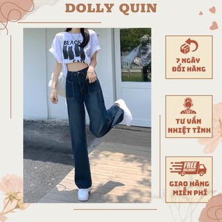 Quần bò ống suông nữ cạp cao quần jeans lưng cao túi đứng xanh đậm cá tính Q003