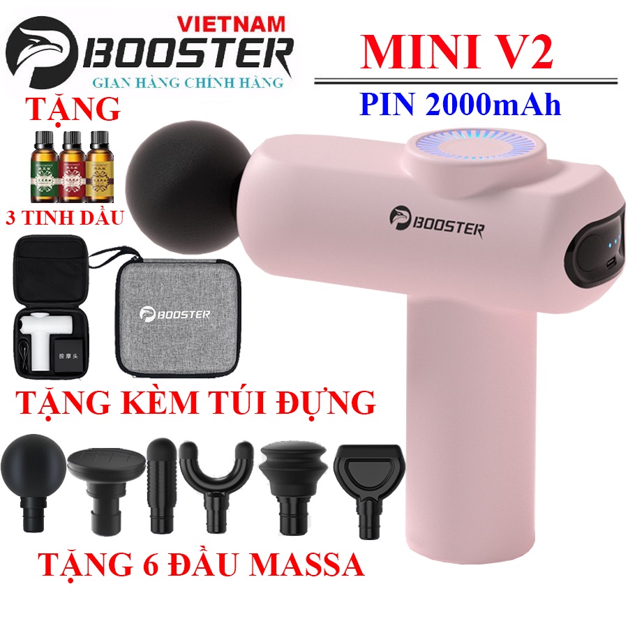 MUA 1 ĐƯỢC 4 - 2000mAh KÈM 6 ĐẦU - TẶNG TÚI ĐỰNG Máy massa cầm tay BOOSTER MINI V2 công suất 25W lực đấm 14kg, sâu 6mm