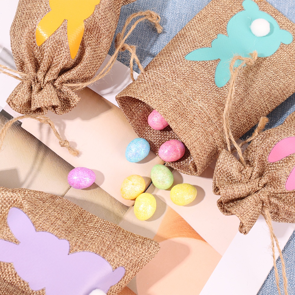 Set 6 Túi Dây Rút Vải Lanh Đựng Bánh Kẹo Trang Sức Hình Thỏ Dễ Thương