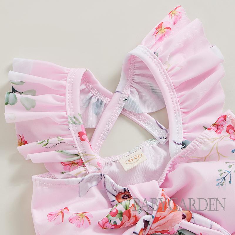 Bộ Đồ Bơi 2 Mảnh Áo hai dây Tay Bèo Thắt Nơ + Quần Short Chấm Bi / Hoa Dành Cho Bé Gái 6 Tháng-4 Tuổi