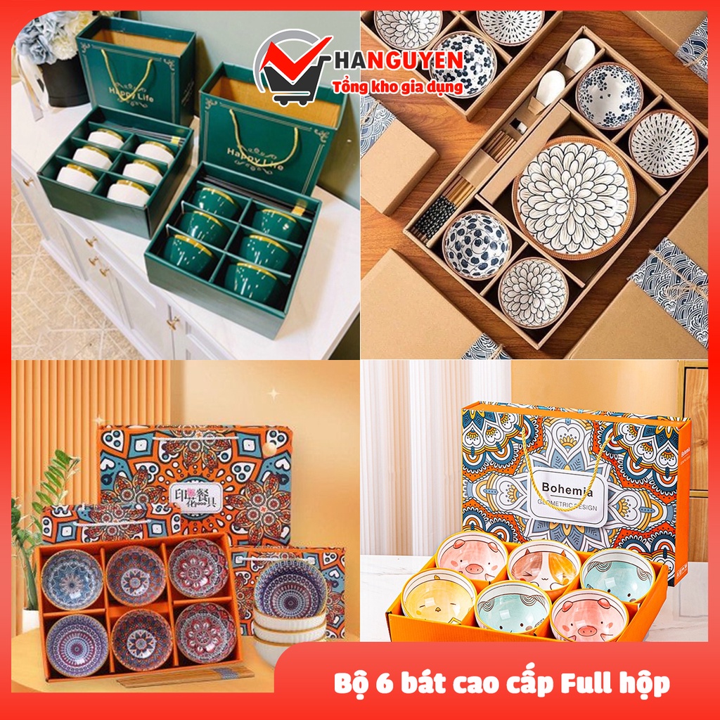 Bát ăn cơm 6 món kèm đũa mạ vàng và hộp đựng, Bộ chén dĩa, Chén sứ, Bộ 6 bát ăn cơm viền vàng cao cấp