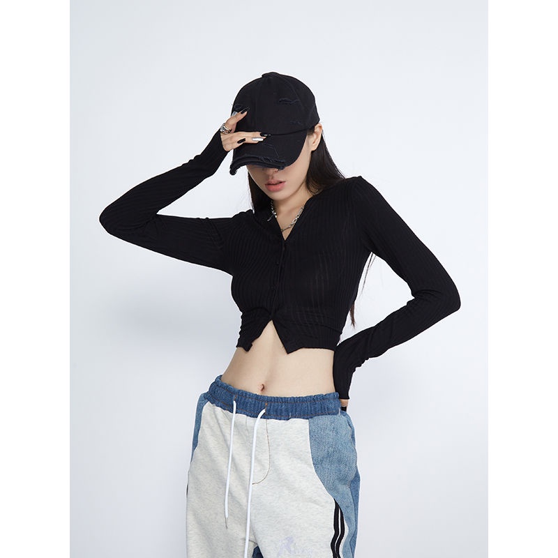 COZOK Áo Thun Tay Dài Hở Vai Màu Đen Phong Cách Quyến Rũ