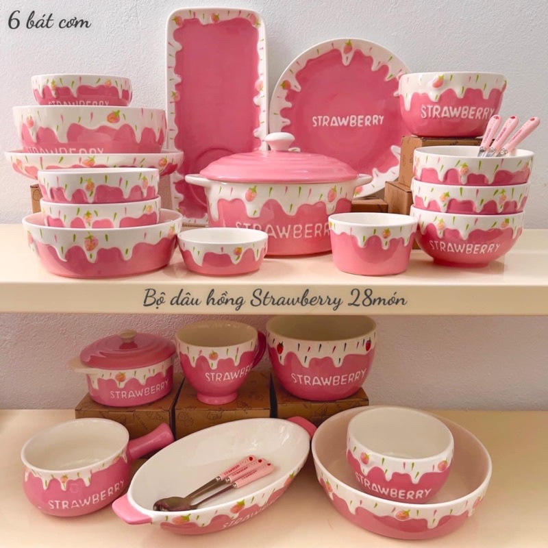 Set bộ bát đĩa Strawberry hình dâu gốm sứ cao cấp