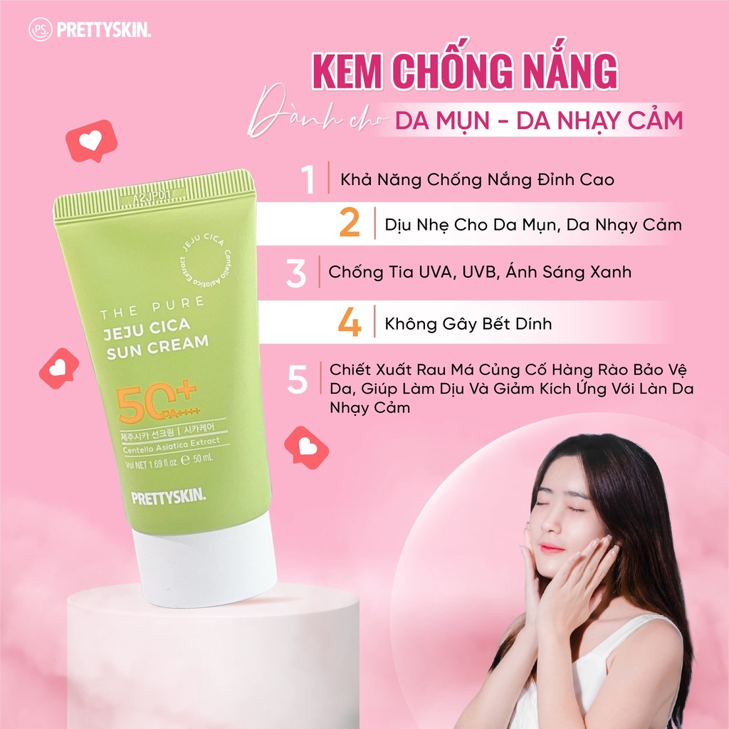 Kem Chống Nắng Rau Má JEJU CICA PRETTYSKIN, Không Gây Bết Dính, Cho Cả Da Nhạy Cảm SPF50+ PA++++ 50ml