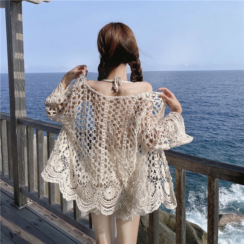 Set Bikini ren Đi Biển 3 Món Áo Bra Đính Hạt Quần Short Khoác Choàng Đi Biển Đồ Bơi Hottrend