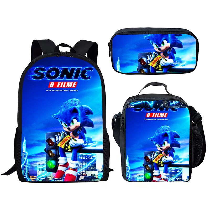 Set 3 Balo Đi Học Thoáng Khí Chống Thấm Nước In Họa Tiết Hoạt Hình Sonic Cho Bé