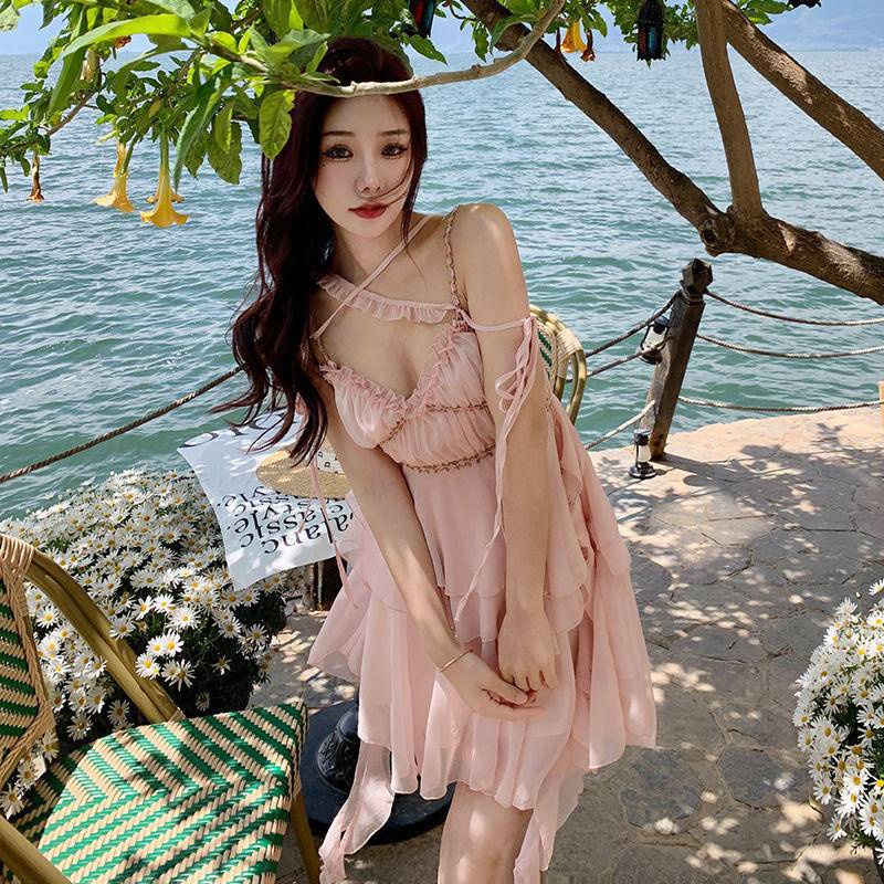 Summer New Irregular Strap Sexy Dress High Waist Strap Dress Short Dress Ruffle Lace Pink Fairy Dress Fragmented Flower Dress