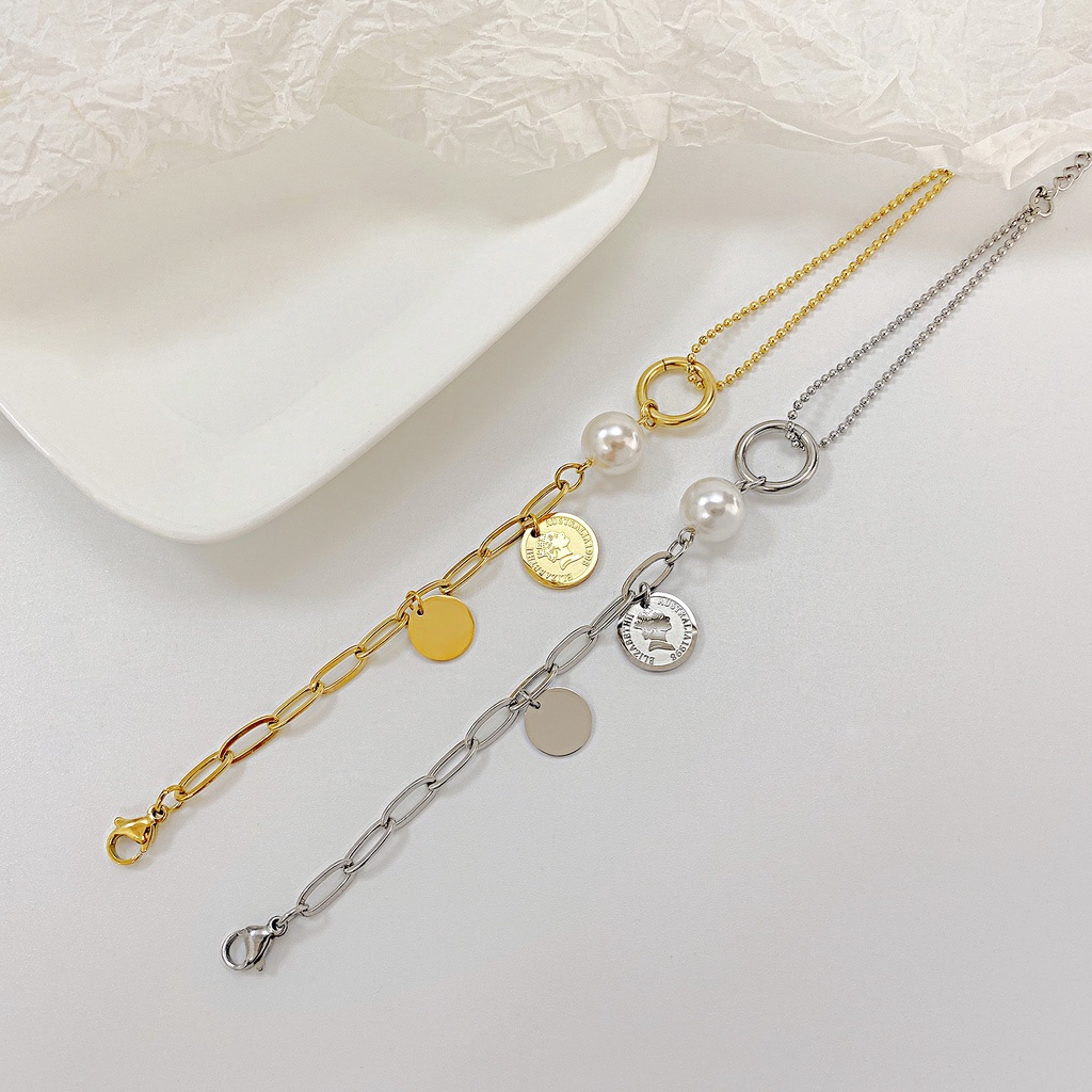 Vòng Tay Thẻ Tròn Bằng Thép Titan Không Gỉ Đính Ngọc Trai Nhân Tạo Dành Cho Nữ