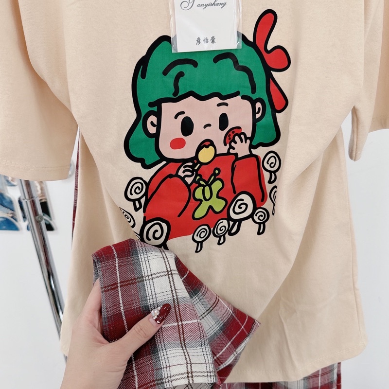 [ 𝐅𝐑𝐄𝐄 𝐒𝐇𝐈𝐏 ] Set áo phông cô gái mix quần lửng bèo caro siêu xinh Áo cotton tàu mềm đẹp, hình in sắc nét, viền bèo