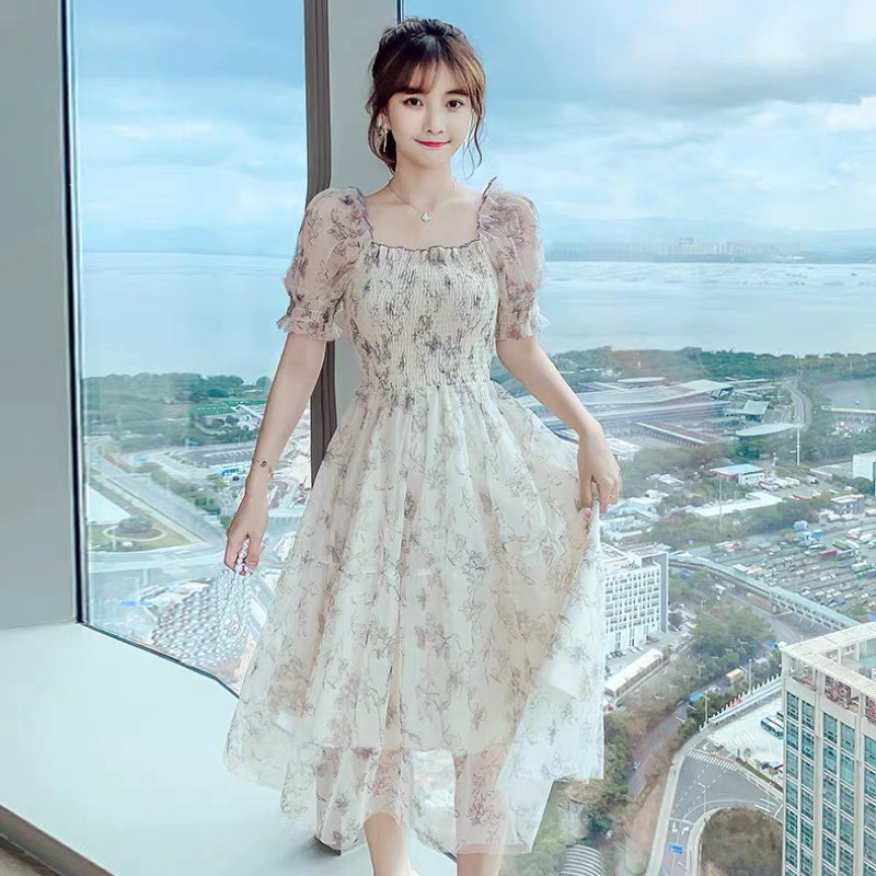 NGẬP TRÀN ƯU ĐÃI - ĐẦM VOAN MOCKING CỔ VUÔNG TAY NGẮN PHỒNG ÔM EO DÁNG DÀI CỰC NỮ TÍNH ĐI CHƠI DỰ TIỆC UP  SHOP HHP FASH