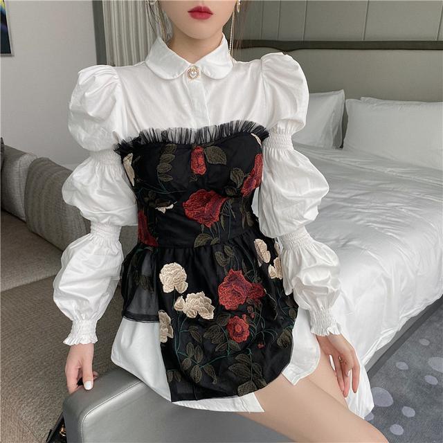Set Áo Sơ Mi + Áo Lưới Thêu Hoa Phong Cách Pháp Thời Trang Cho Nữ