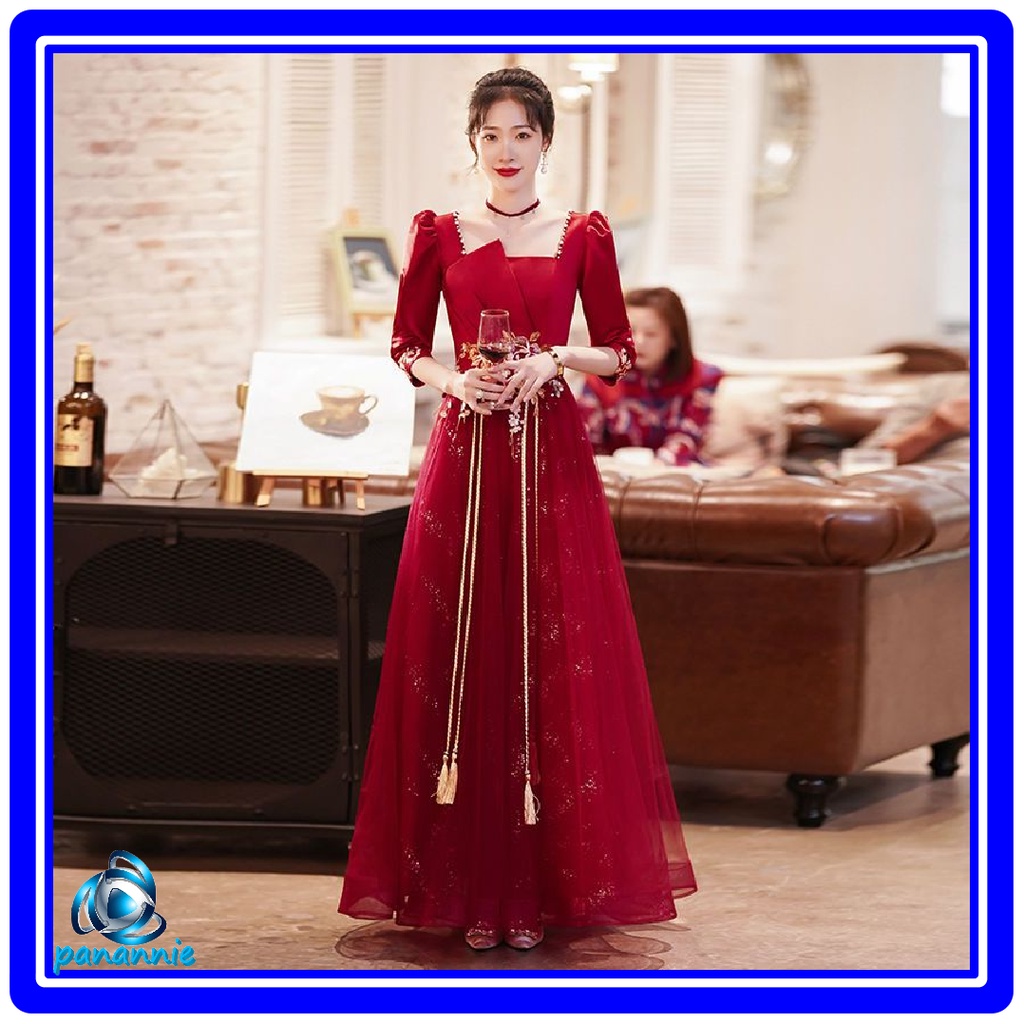 Đầm Chữ A Tay Ngắn Cổ Vuông Màu Đỏ Rượu Cao Cấp Thời Trang Cho Nữ Đầm Dài Ba Dây Thanh Lịch Cho Nữ