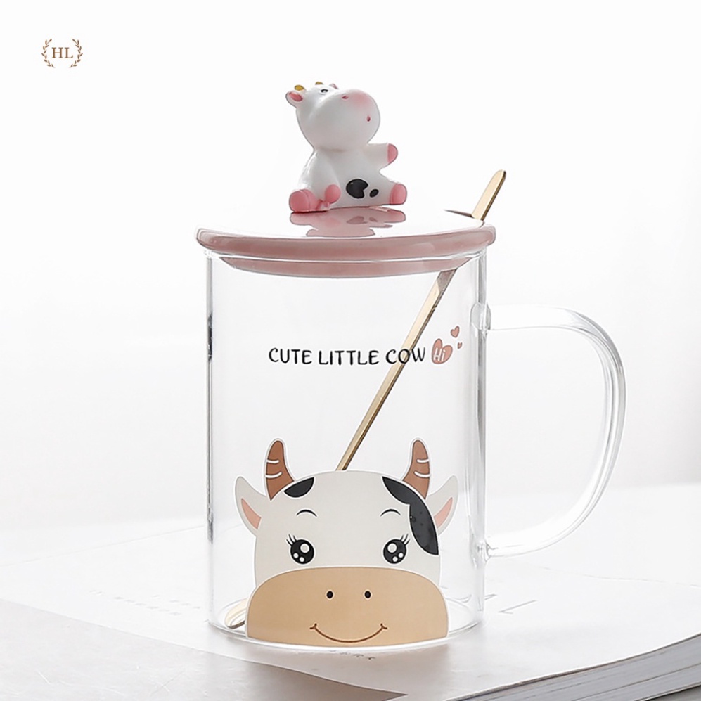 Ly chất thủy tinh chịu nóng Decor nắp sứ tạo kiểu bò sữa kèm thìa inox vàng gương | Cốc chất thủy tinh có quai CUTE LITT