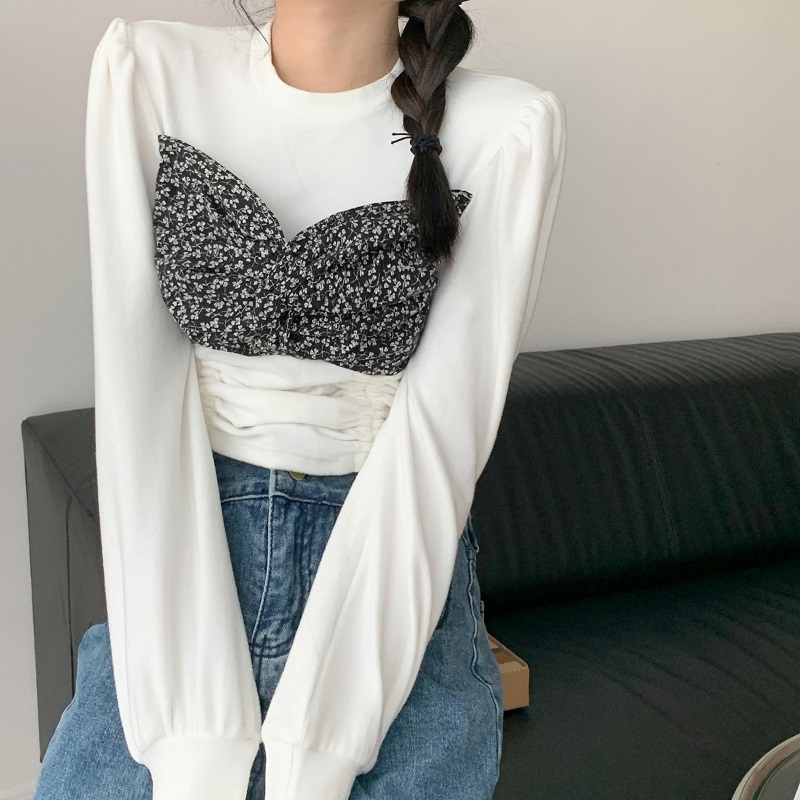 Áo Thun Tay Dài Giả Hai Lớp Phối Dây Rút Màu Sắc Tương Phản Trẻ Trung