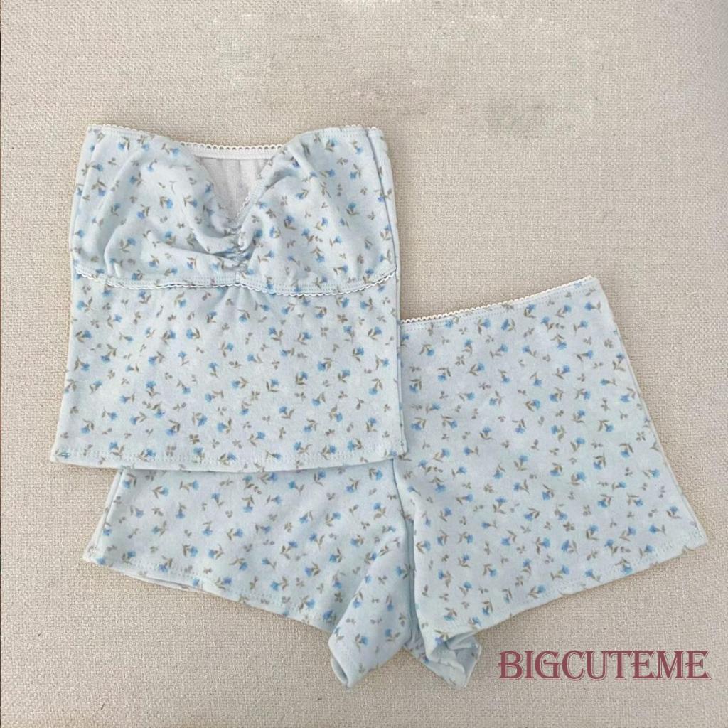 Set Đồ 2 Món Gồm Áo Crop Top Hai Dây In Hoa + Quần Ngắn Dễ Thương Cho Nữ