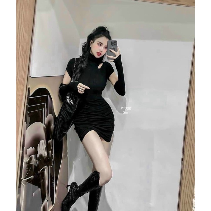 Đầm Body nữ hở khoét vai cổ lọ tay ngắn cá tính