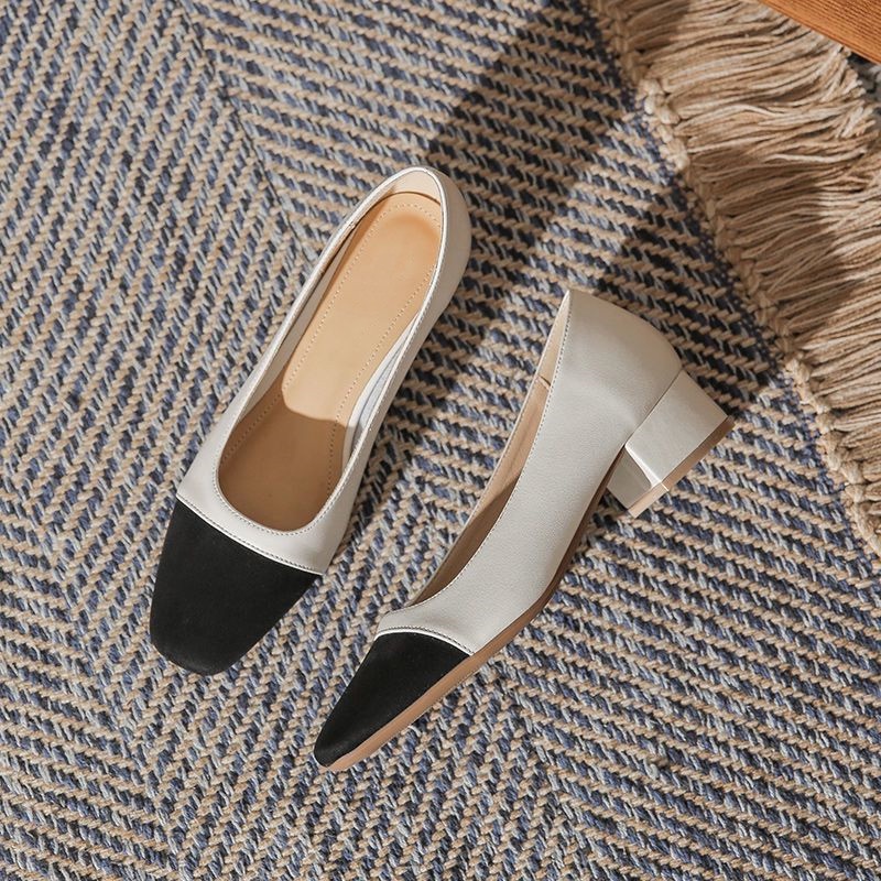 Giày Cao Gót 3cm Mũi Vuông Chất Liệu Da Mềm Thời Trang Xuân Thu Cho Nữ