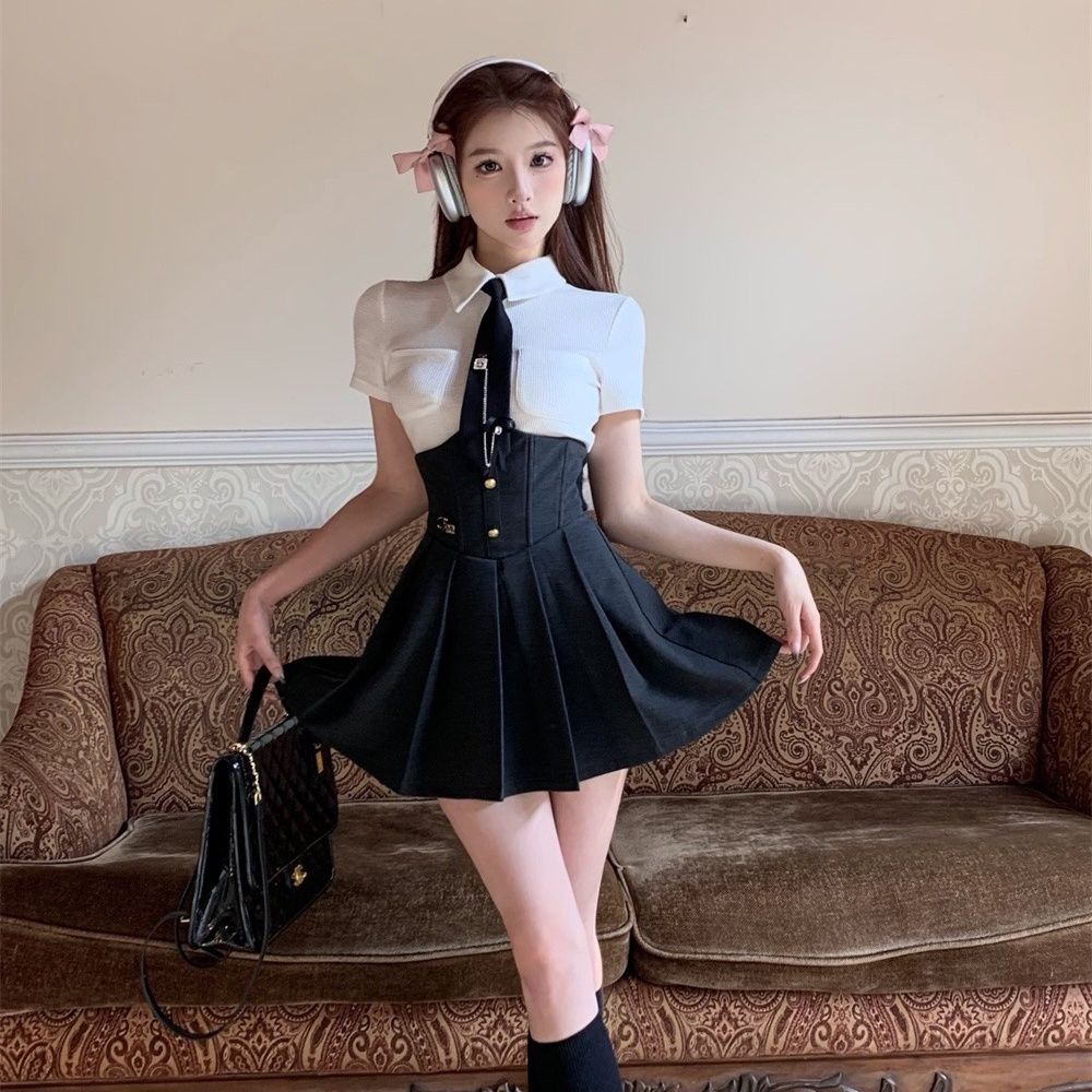 Set Áo Thun Ngắn Tay + Chân Váy Chữ a Lưng Cao Màu Đen Thời Trang Xuân 2023 Cho Nữ103250