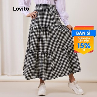 1206de-Chân váy Lovito đai chun kẻ caro lai nhún bèo đơn giản L17X193 (màu đen)