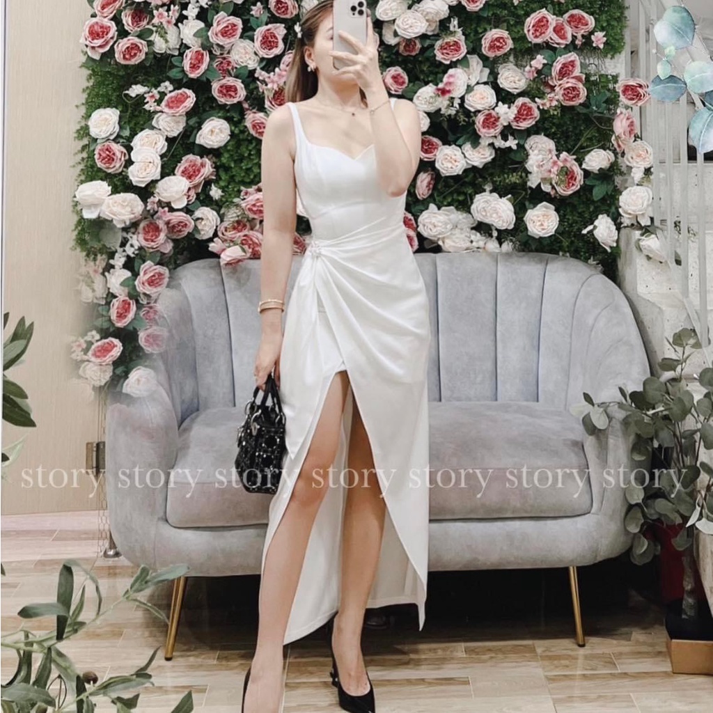 Đầm tiểu thư dáng dài sexy 2 dây tôn dáng xẻ tà cực đẹp, chất vải phi cao cấp