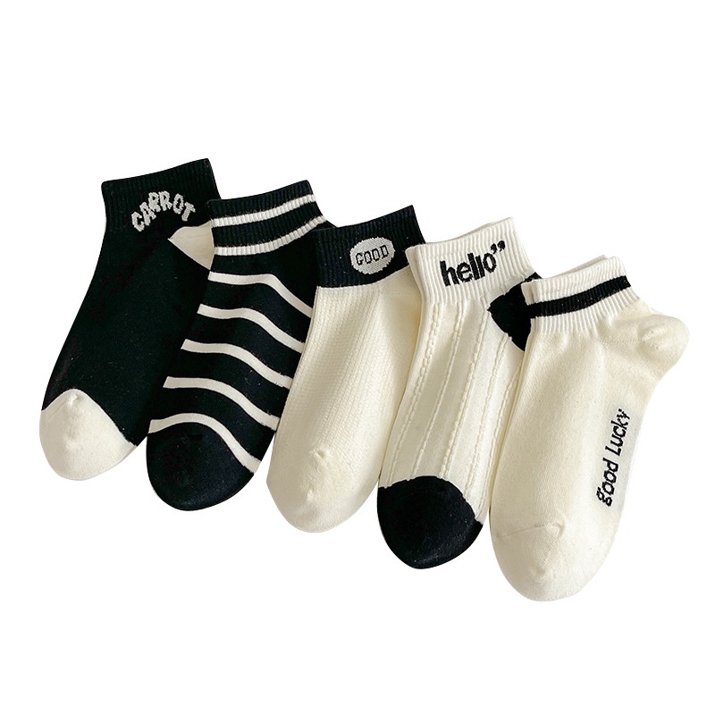 Tất Cotton Cổ Thuyền Màu Trắng Đen Đơn Giản Thời Trang Bốn Mùa Cho Nữ