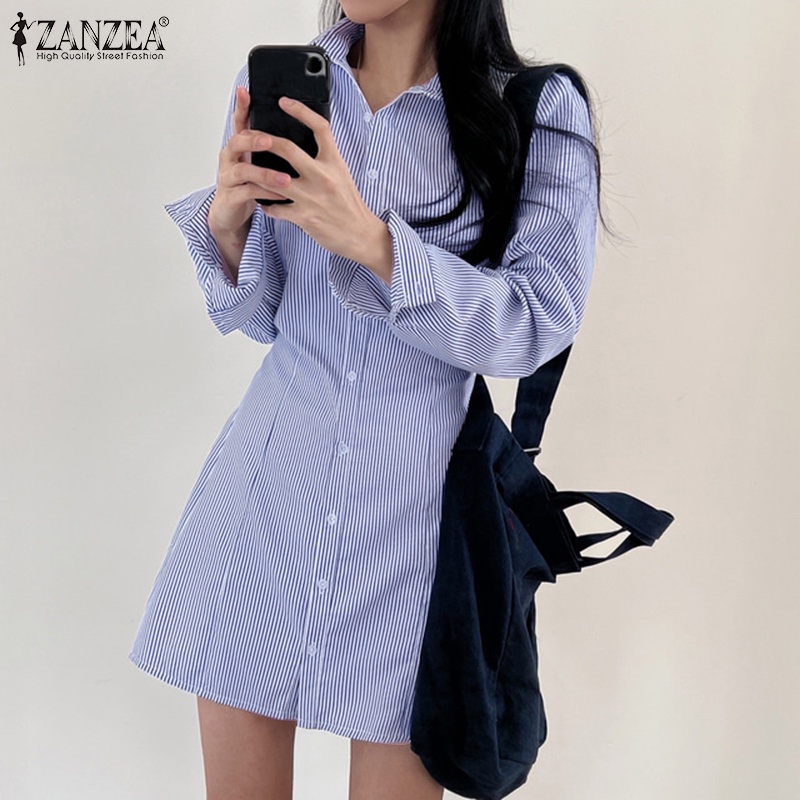 Đầm sơ mi ZANZEA dài tay họa tiết sọc thời trang Hàn Quốc cho nữ